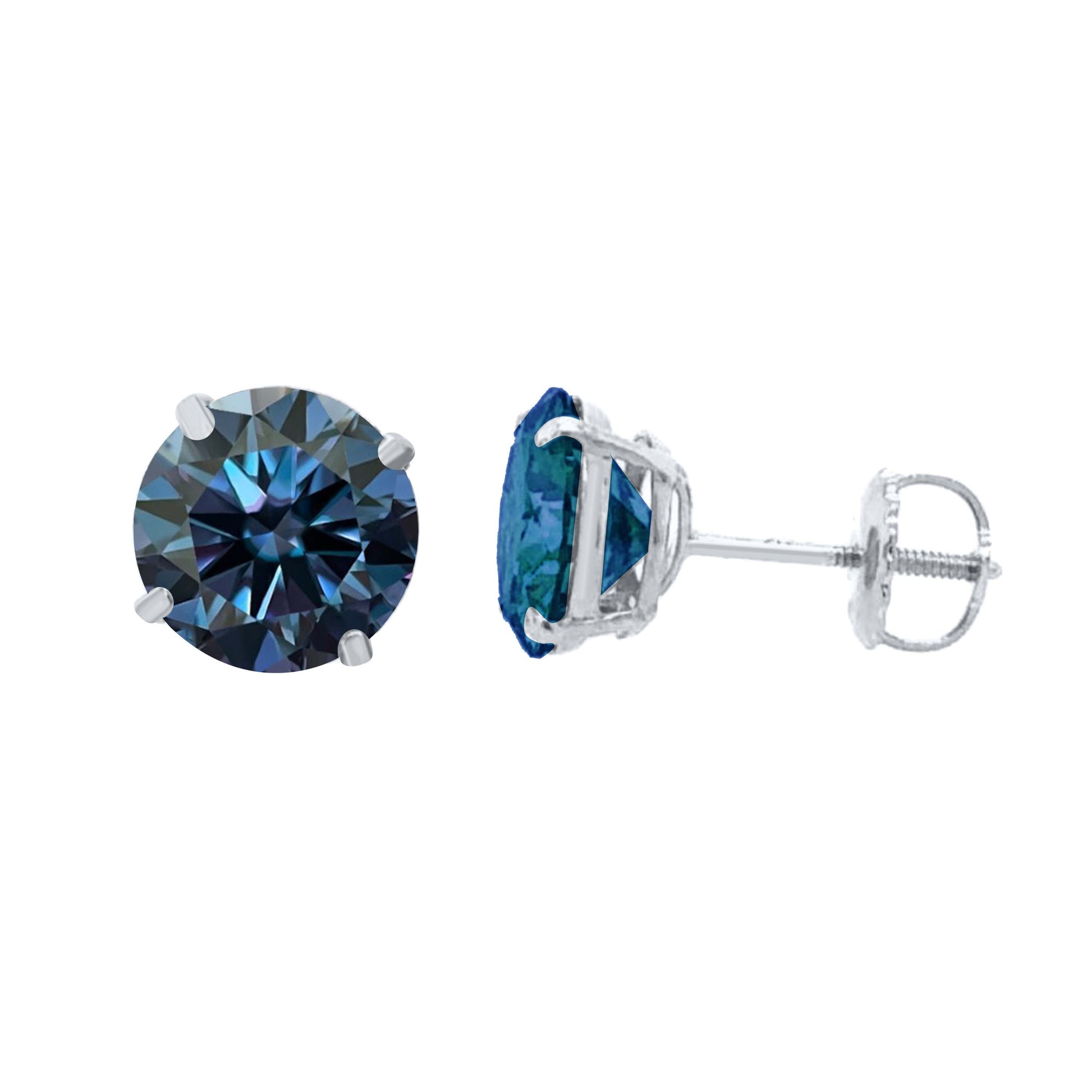 14K Gold Round Blue Moissanite Stud Earrings with Screw Back, GRA Certified D-VVS1 Clarity Mauli Jewels