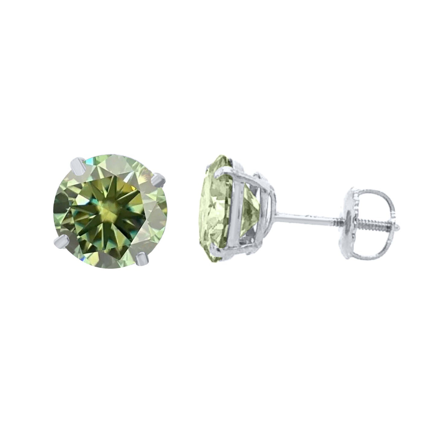 14K Gold Round Green Moissanite Stud Earrings with Screw Back, GRA Certified D-VVS1 Clarity Mauli Jewels