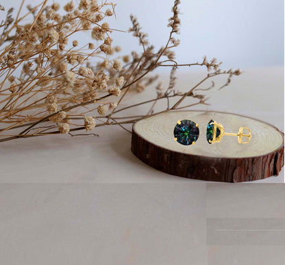 Rainbow Green Moissanite Screwback Stud Earrings in 14K Gold | GRA Certified D-VVS1 Mauli Jewels