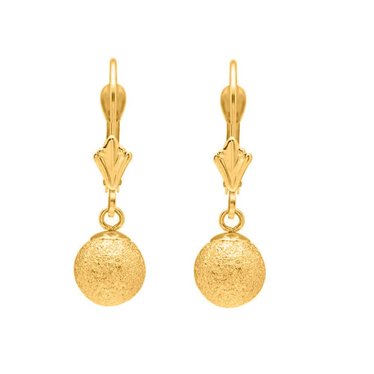 14K Yellow Gold Dangle Ball Leverback Earrings with Laser Cut Design Mauli Jewels