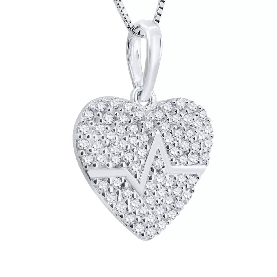 Diamond Heart Pendant Necklace Lifeline Pendant 14K Gold Sterling Silver