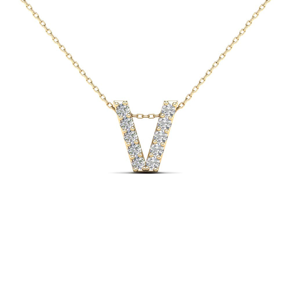 MauliJewels 0.10 Carat Natural White Diamond Initial "V" Pendant Necklace For Women In 14K Yellow and White Gold with 18" Gold Cable Chain Mauli Jewels