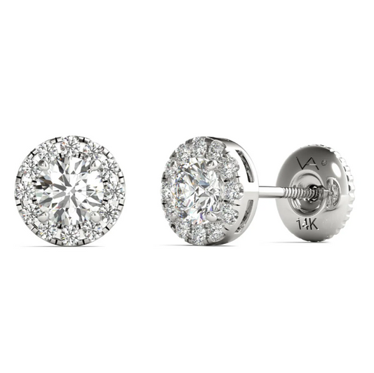 Mauli Jewels 14K White Gold Natural Diamond Halo Stud Earrings for Women, 1/2 Carat Total Weight, GH Color SI1-SI2 Clarity, Round Diamond Screw Back Earrings