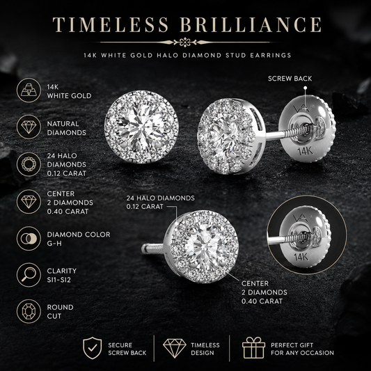 Mauli Jewels 14K White Gold Natural Diamond Halo Stud Earrings for Women, 1/2 Carat Total Weight, GH Color SI1-SI2 Clarity, Round Diamond Screw Back Earrings