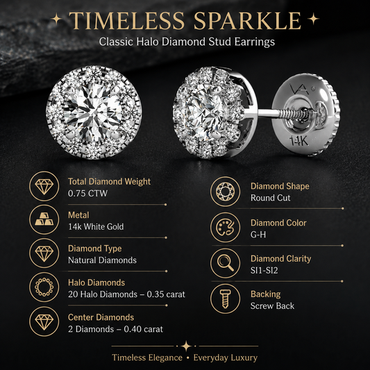 Mauli Jewels 14K White Gold Diamond Halo Stud Earrings for Women, 3/4 Carat Total Weight, GH Color SI1-SI2 Clarity, Round Diamond Screw Back Earrings