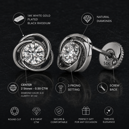 Mauli Jewels 14K White Gold Plated Black Rhodium Diamond Earrings for Women, 1/2 Carat Total Weight, GH Color SI1-SI2 Clarity, 3 Prong Round Diamond Earrings