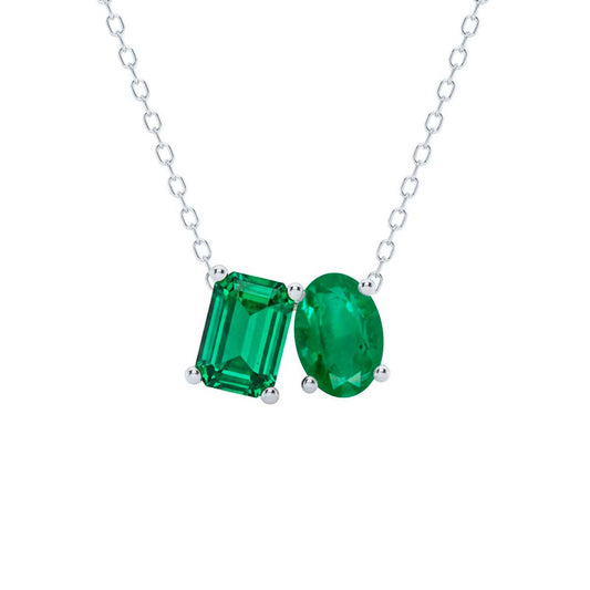 Mauli Jewels Toi Et Moi Pendant Necklace for Women in 14K White & Yellow Gold Over 925 Sterling Silver, 2.00 CTW Lab Created Emerald & Oval Cut Emerald Pendant with 18" Gold Plated Chain