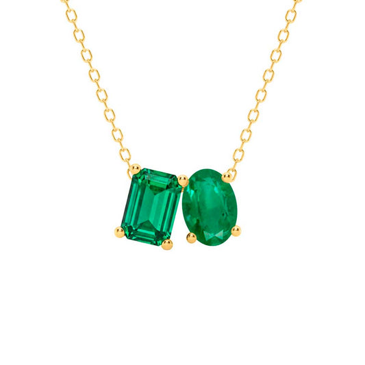 Mauli Jewels Toi Et Moi Pendant Necklace for Women in 14K White & Yellow Gold Over 925 Sterling Silver, 2.00 CTW Lab Created Emerald & Oval Cut Emerald Pendant with 18" Gold Plated Chain