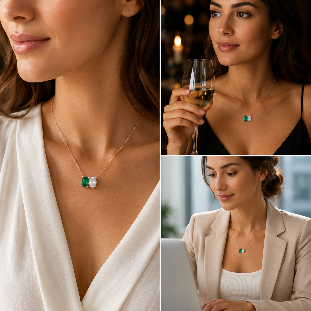 Mauli Jewels Toi Et Moi Pendant Necklace for Women in 14K White & Yellow Gold, 2.00 CTW Lab Created Emerald and Lab Grown Oval Cut Diamond Pendant, EF VS1 Diamond Necklace with 18 Inch Gold Chain - Mauli Jewels