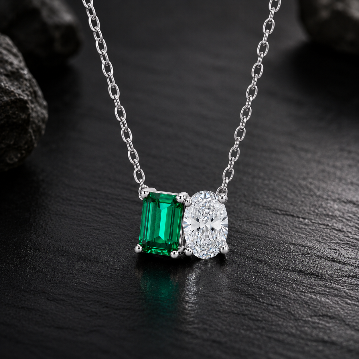 Mauli Jewels Toi Et Moi Pendant Necklace for Women in 14K White & Yellow Gold, 2.00 CTW Lab Created Emerald and Lab Grown Oval Cut Diamond Pendant, EF VS1 Diamond Necklace with 18 Inch Gold Chain - Mauli Jewels