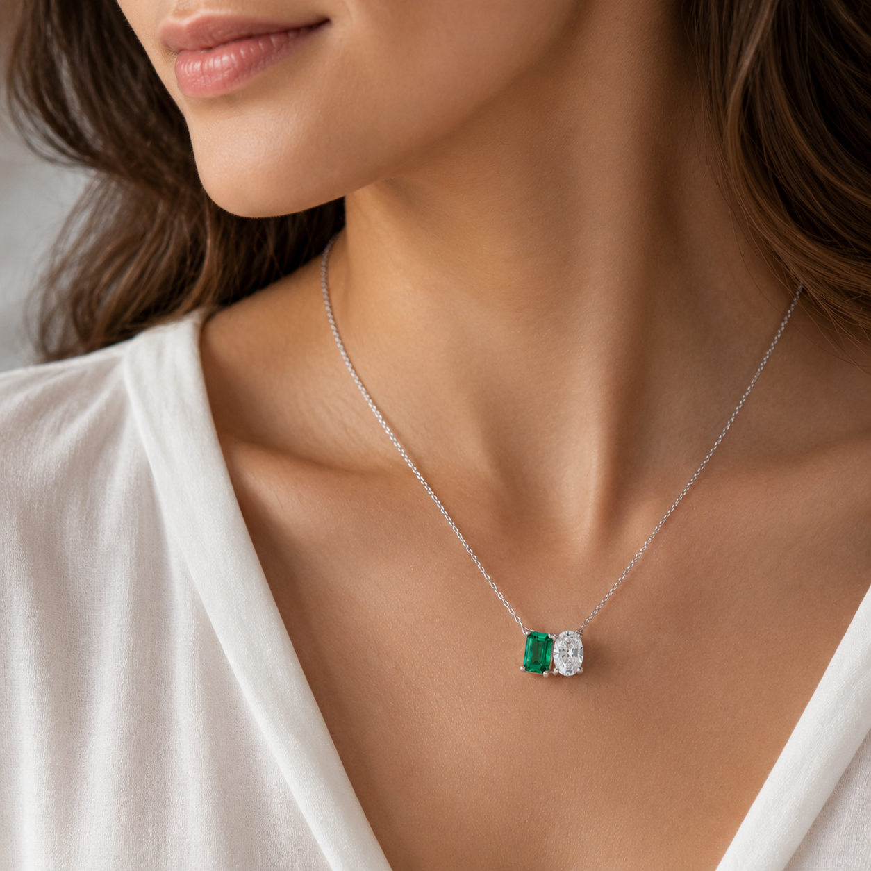 Mauli Jewels Toi Et Moi Pendant Necklace for Women in 14K White & Yellow Gold, 2.00 CTW Lab Created Emerald and Lab Grown Oval Cut Diamond Pendant, EF VS1 Diamond Necklace with 18 Inch Gold Chain - Mauli Jewels