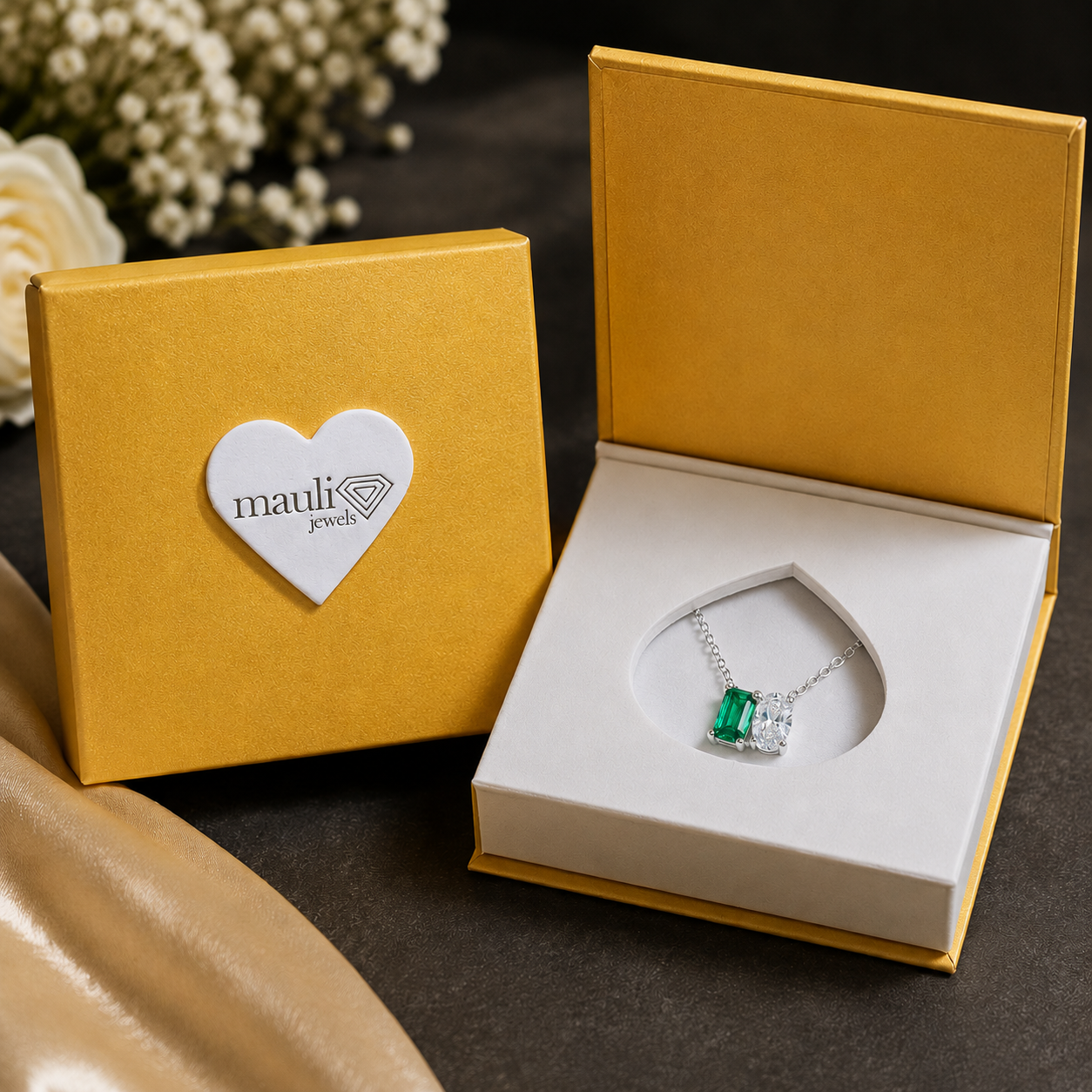 Mauli Jewels Toi Et Moi Pendant Necklace for Women in 14K White & Yellow Gold, 2.00 CTW Lab Created Emerald and Lab Grown Oval Cut Diamond Pendant, EF VS1 Diamond Necklace with 18 Inch Gold Chain - Mauli Jewels