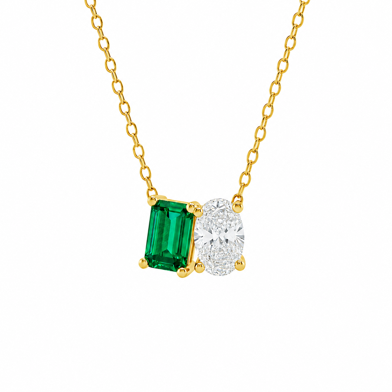 Mauli Jewels Toi Et Moi Pendant Necklace for Women in 14K White & Yellow Gold, 2.00 CTW Lab Created Emerald and Lab Grown Oval Cut Diamond Pendant, EF VS1 Diamond Necklace with 18 Inch Gold Chain - Mauli Jewels