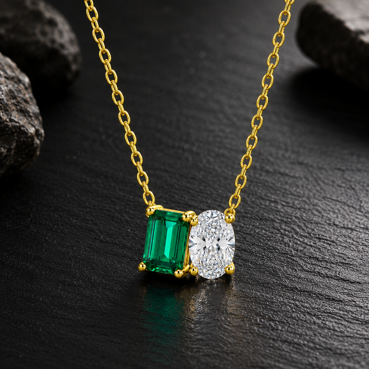 Mauli Jewels Toi Et Moi Pendant Necklace for Women in 14K White & Yellow Gold, 2.00 CTW Lab Created Emerald and Lab Grown Oval Cut Diamond Pendant, EF VS1 Diamond Necklace with 18 Inch Gold Chain - Mauli Jewels