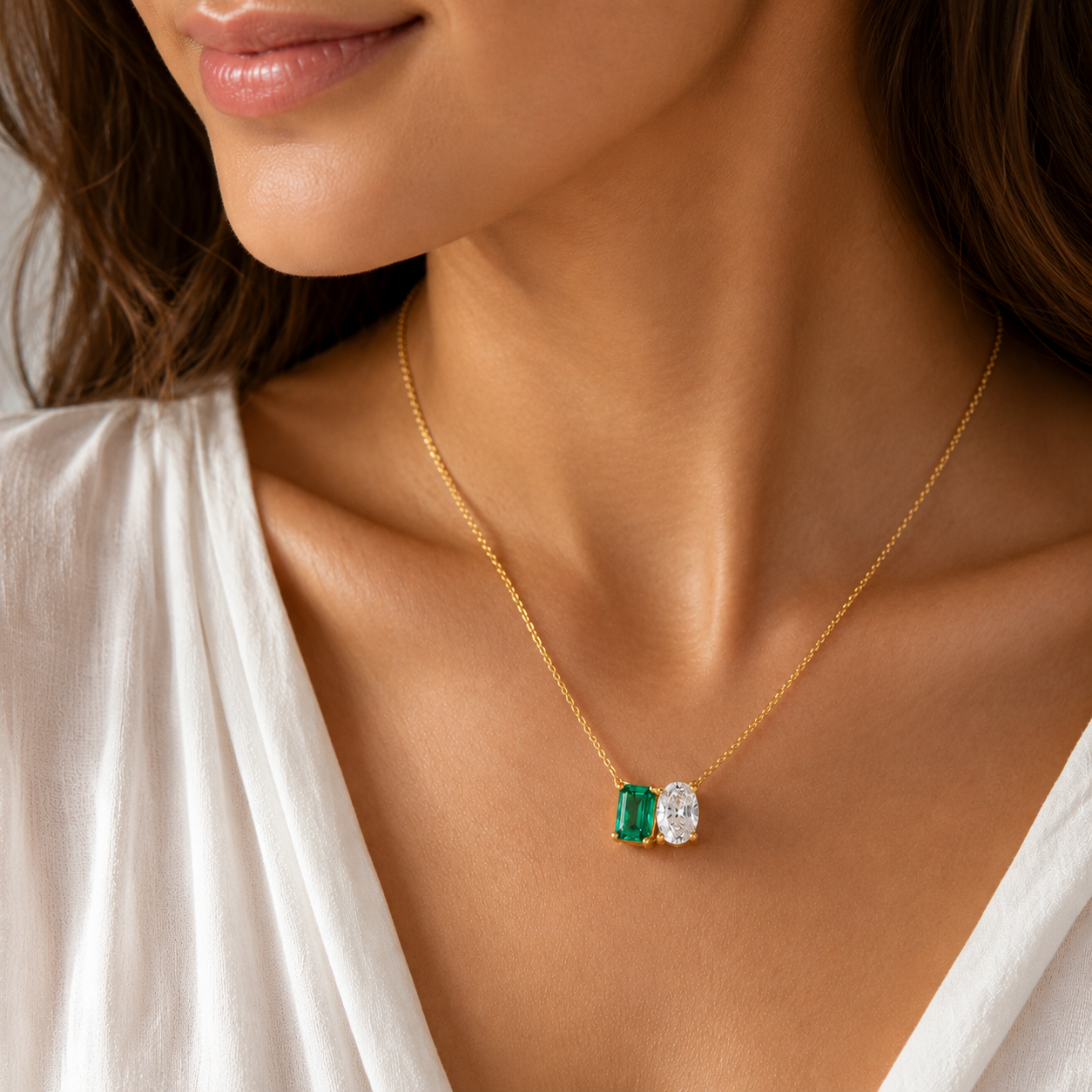 Mauli Jewels Toi Et Moi Pendant Necklace for Women in 14K White & Yellow Gold, 2.00 CTW Lab Created Emerald and Lab Grown Oval Cut Diamond Pendant, EF VS1 Diamond Necklace with 18 Inch Gold Chain - Mauli Jewels