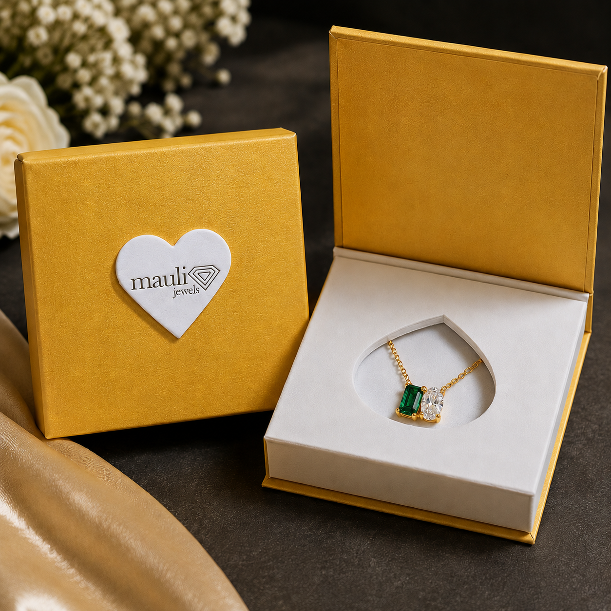 Mauli Jewels Toi Et Moi Pendant Necklace for Women in 14K White & Yellow Gold, 2.00 CTW Lab Created Emerald and Lab Grown Oval Cut Diamond Pendant, EF VS1 Diamond Necklace with 18 Inch Gold Chain - Mauli Jewels