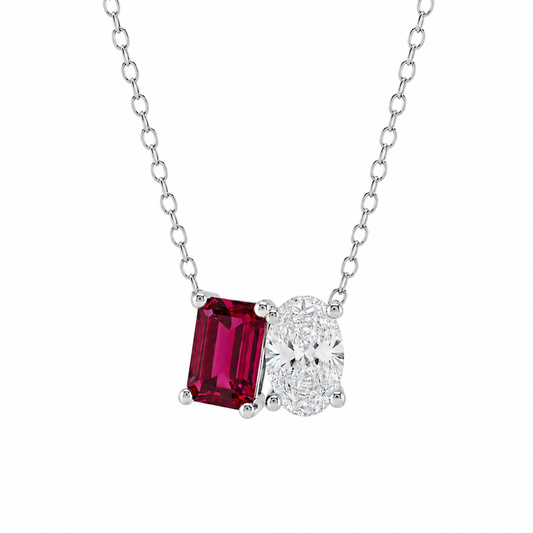 Mauli Jewels Toi Et Moi Pendant Necklace for Women in 14K White & Yellow Gold, 2.00 CTW Lab Created Emerald Cut Ruby and Lab Grown Oval Cut Diamond Pendant, EF VS1 Diamond Necklace with 18 Inch Gold Chain