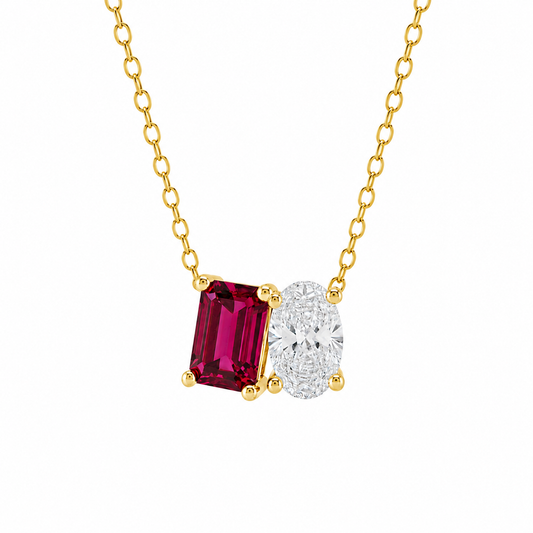Mauli Jewels Toi Et Moi Pendant Necklace for Women in 14K White & Yellow Gold, 2.00 CTW Lab Created Emerald Cut Ruby and Lab Grown Oval Cut Diamond Pendant, EF VS1 Diamond Necklace with 18 Inch Gold Chain
