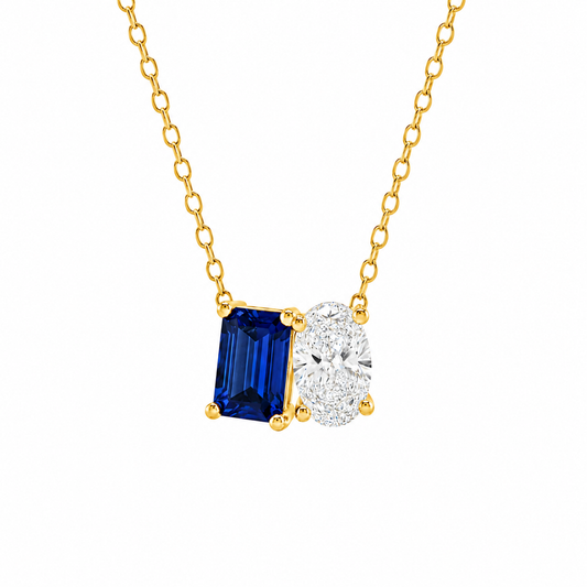 Mauli Jewels Toi Et Moi Pendant Necklace for Women in 14K White & Yellow Gold, 2.00 CTW Emerald Cut Lab Created Sapphire and Lab Grown Oval Cut Diamond Necklace with 18" Gold Chain