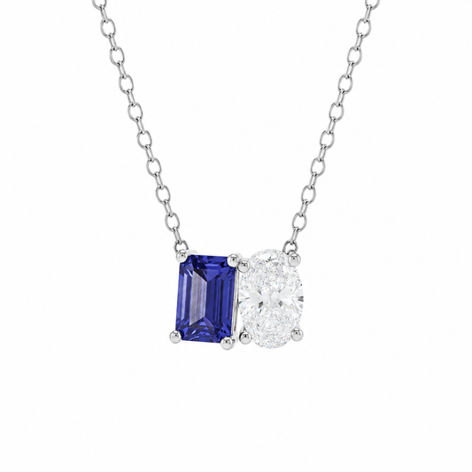 Mauli Jewels Toi Et Moi Pendant Necklace for Women in 14K White & Yellow Gold, 2.00 CTW Emerald Cut Lab Created Tanzanite and Lab Grown Oval Cut Diamond Necklace with 18" Gold Chain