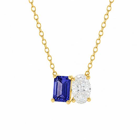 Mauli Jewels Toi Et Moi Pendant Necklace for Women in 14K White & Yellow Gold, 2.00 CTW Emerald Cut Lab Created Tanzanite and Lab Grown Oval Cut Diamond Necklace with 18" Gold Chain