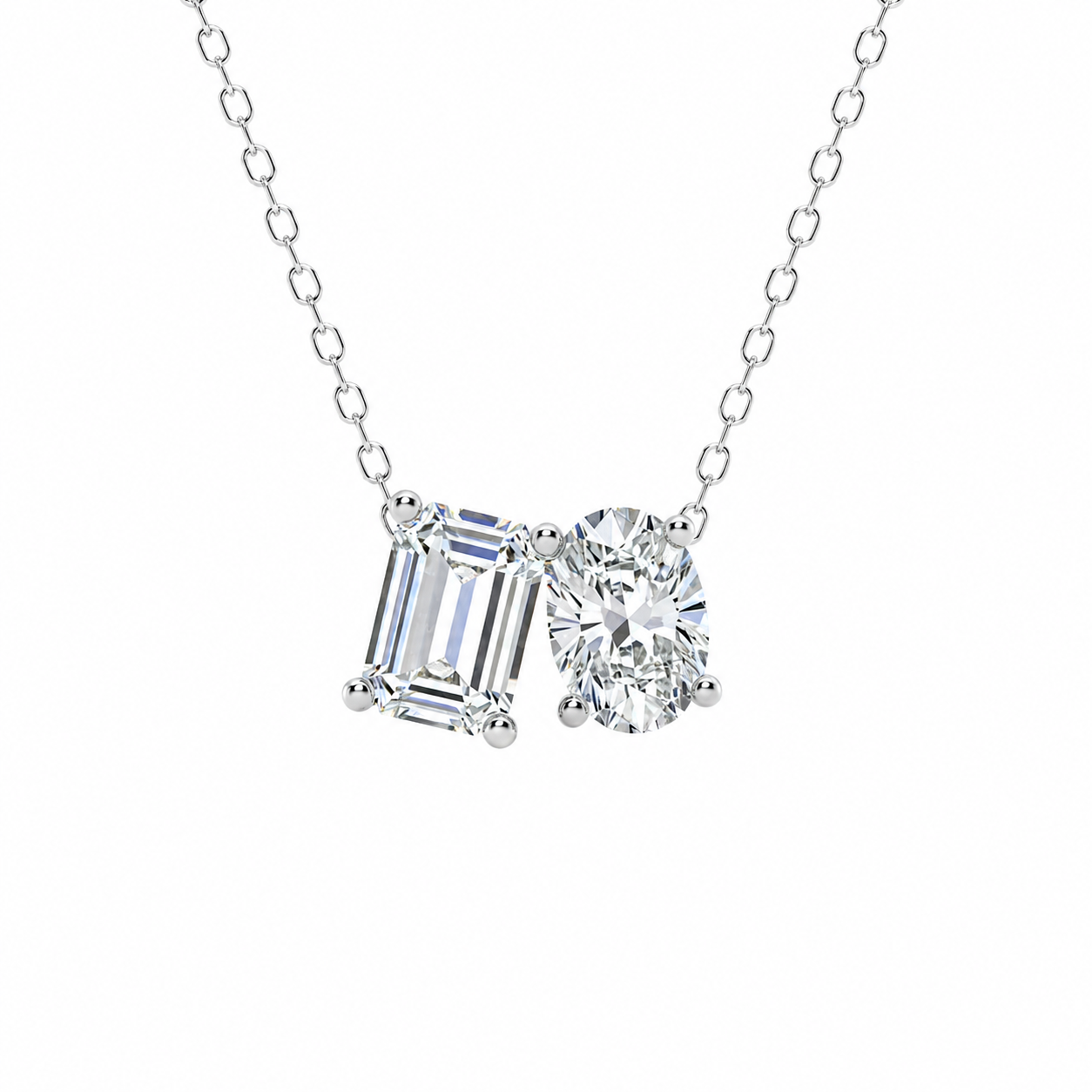 Mauli Jewels Toi Et Moi Lab Grown Diamond Pendant Necklace for Women in 14K White and Yellow Gold, 2 CT Emerald and Oval Cut Pendant with 18 Inch Cable Chain - Mauli Jewels