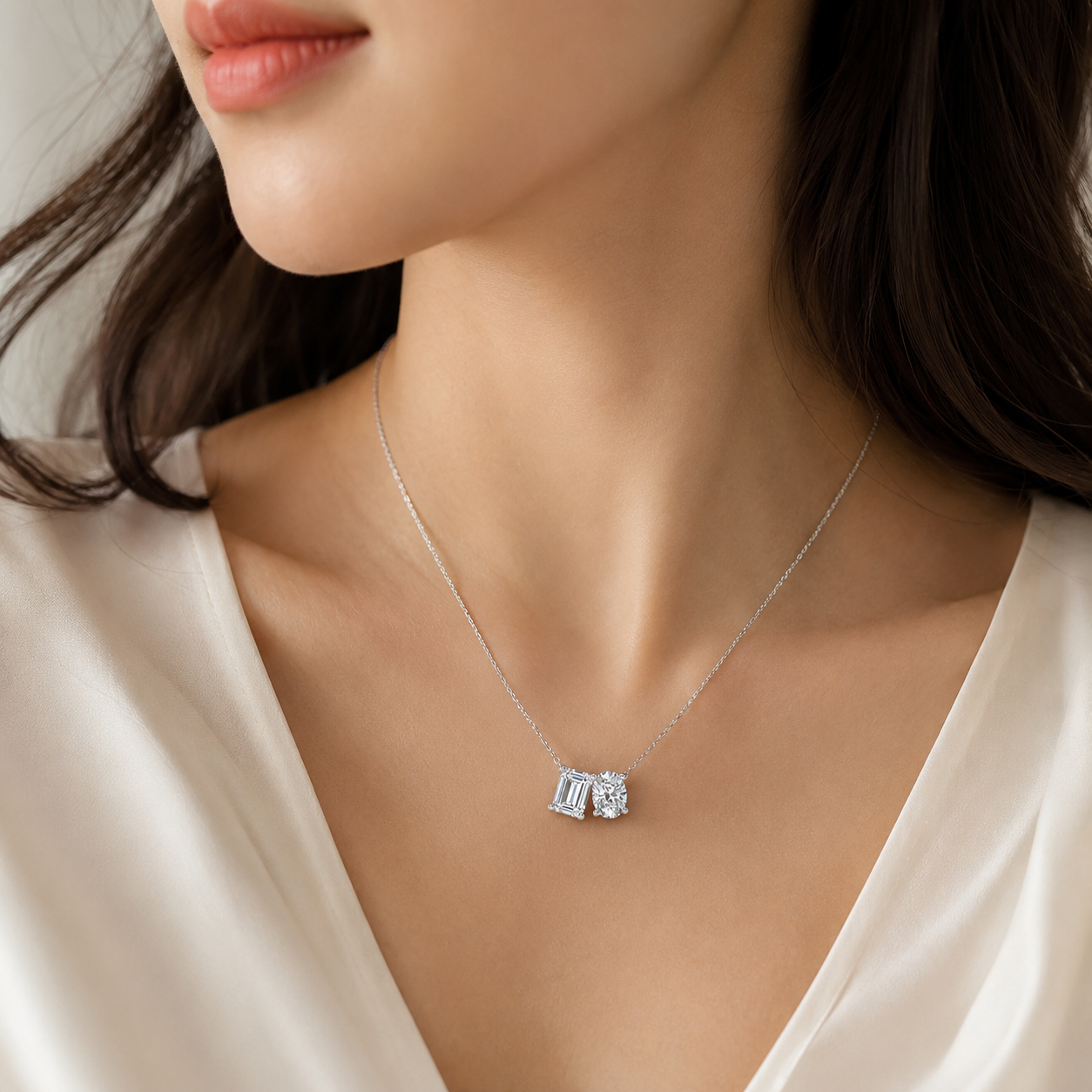 Mauli Jewels Toi Et Moi Lab Grown Diamond Pendant Necklace for Women in 14K White and Yellow Gold, 2 CT Emerald and Oval Cut Pendant with 18 Inch Cable Chain - Mauli Jewels