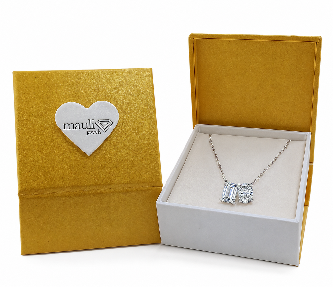 Mauli Jewels Toi Et Moi Lab Grown Diamond Pendant Necklace for Women in 14K White and Yellow Gold, 2 CT Emerald and Oval Cut Pendant with 18 Inch Cable Chain - Mauli Jewels