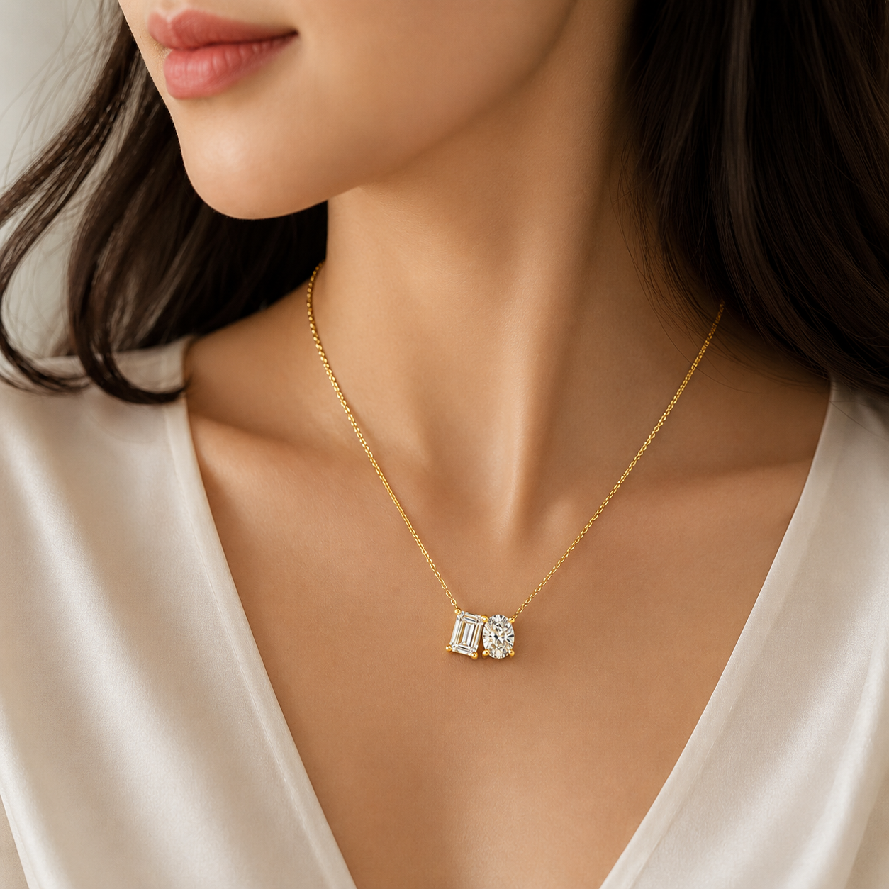 Mauli Jewels Toi Et Moi Lab Grown Diamond Pendant Necklace for Women in 14K White and Yellow Gold, 2 CT Emerald and Oval Cut Pendant with 18 Inch Cable Chain - Mauli Jewels