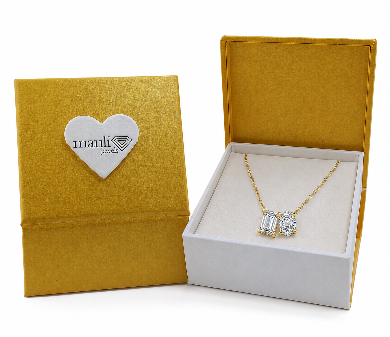 Mauli Jewels Toi Et Moi Lab Grown Diamond Pendant Necklace for Women in 14K White and Yellow Gold, 2 CT Emerald and Oval Cut Pendant with 18 Inch Cable Chain - Mauli Jewels