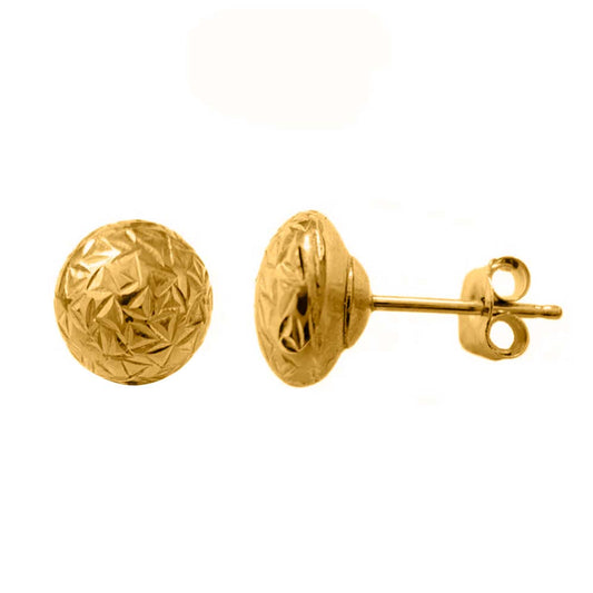 14K Solid Yellow Gold Flat Ball Stud Earrings with Crystal Cut Detail Mauli Jewels