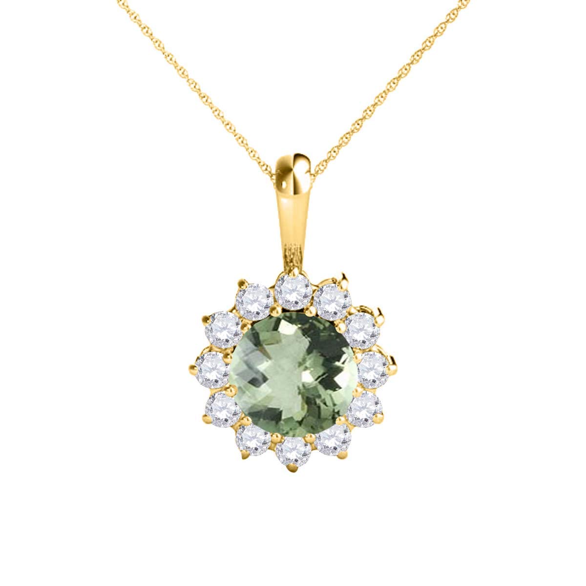 Mauli Jewels Engagement Necklace for Women 0.45 Carat Round Shaped Green Amethyst and Diamond Pendant 4-prong 10K Yellow Gold