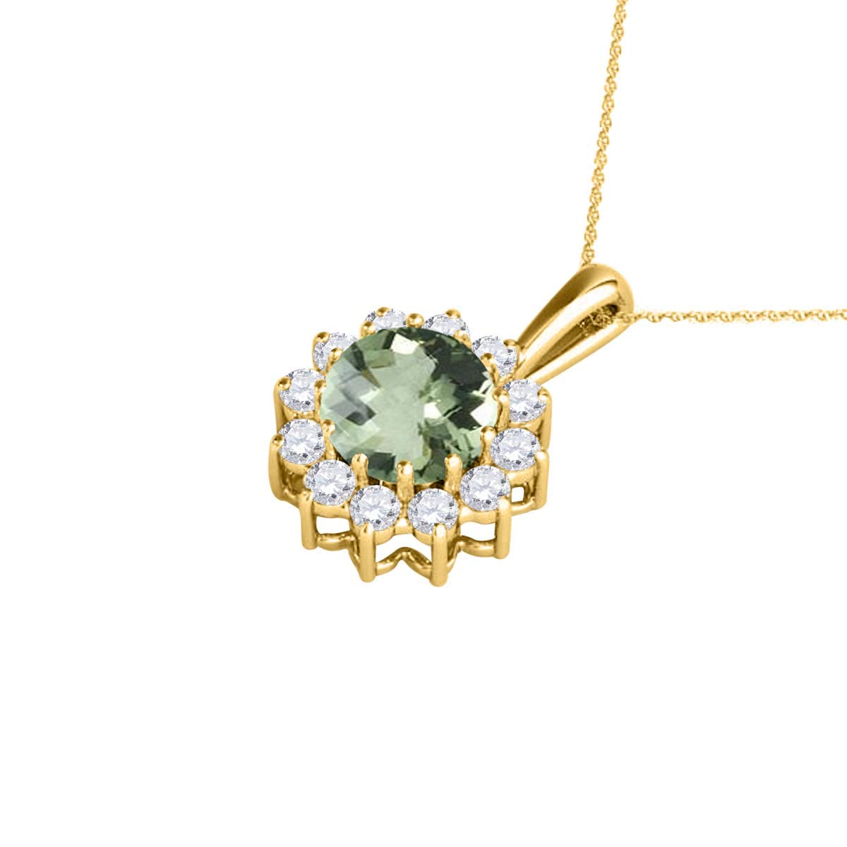 Mauli Jewels Engagement Necklace for Women 0.45 Carat Round Shaped Green Amethyst and Diamond Pendant 4-prong 10K Yellow Gold