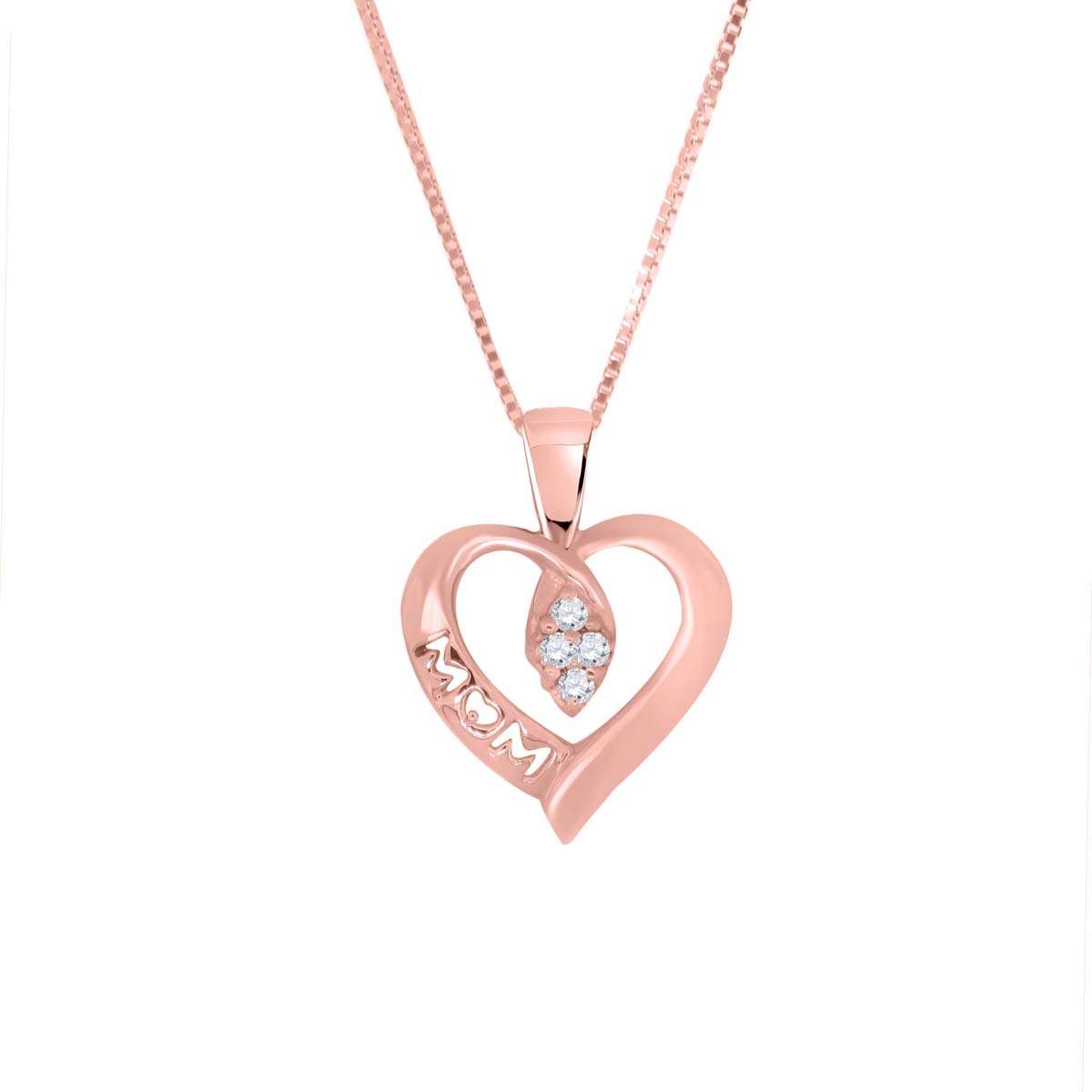 0.06 Carat Diamond Heart Shape Mom Pendant Necklace For Women In 10K Rose White & Yellow Gold With Box Chain