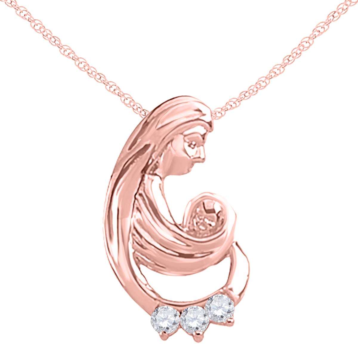 0.25 Carat Natural Diamond Three Stone Mom- Child Pendant Necklace In 10K Rose White & Yellow Gold With 18" Box Chain