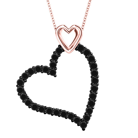 Mauli Jewels 1.00 Carat Natural Black Round Diamond Heart Pendant Necklace in 14K Gold with 18" Gold-Plated 925 Sterling Silver Box Chain for Women
