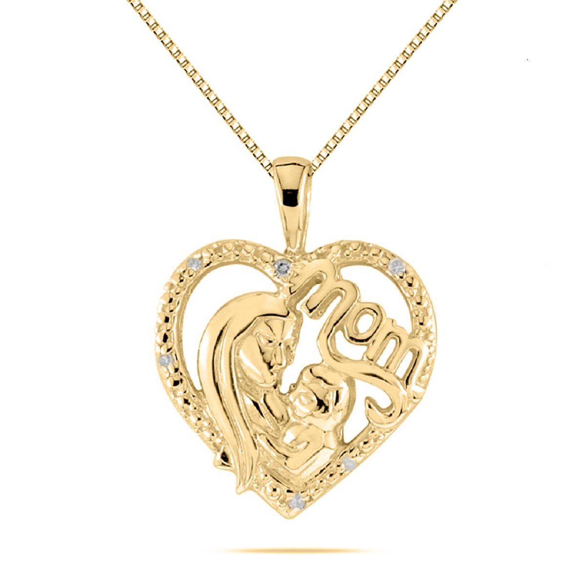 MauliJewels Mothers Day Gift 0.03 Carat Diamond Heart Mom Pendant prong 10K Gold With 18'' Rhodium Plated Silver Chain Mauli Jewels