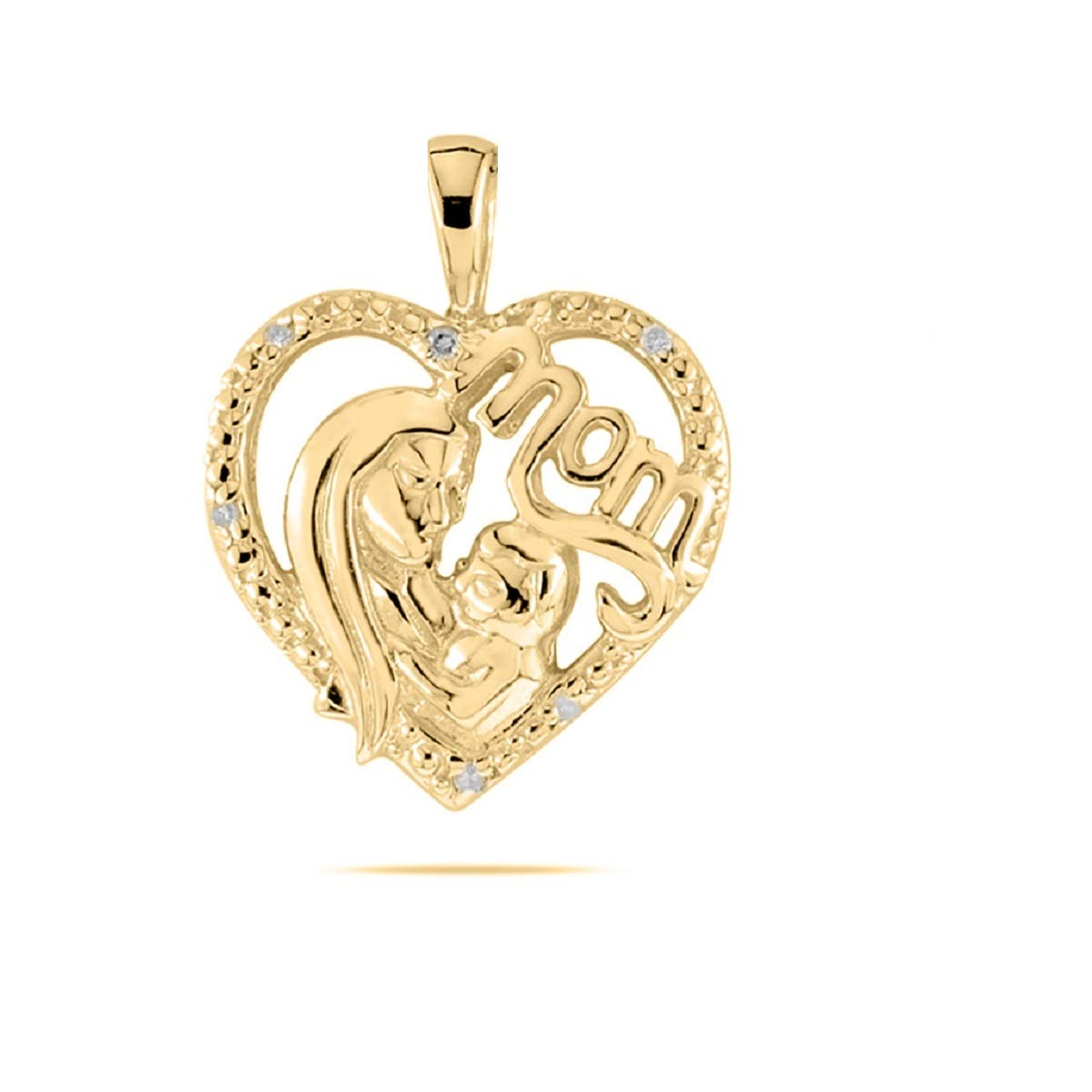 MauliJewels Mothers Day Gift 0.03 Carat Diamond Heart Mom Pendant prong 10K Gold With 18'' Rhodium Plated Silver Chain Mauli Jewels