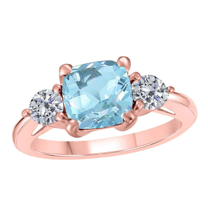 2.20 Carat Cushion Cut Aquamarine And White Diamond Gemstone Engagement Ring In 14K Solid Rose White & Yellow Gold