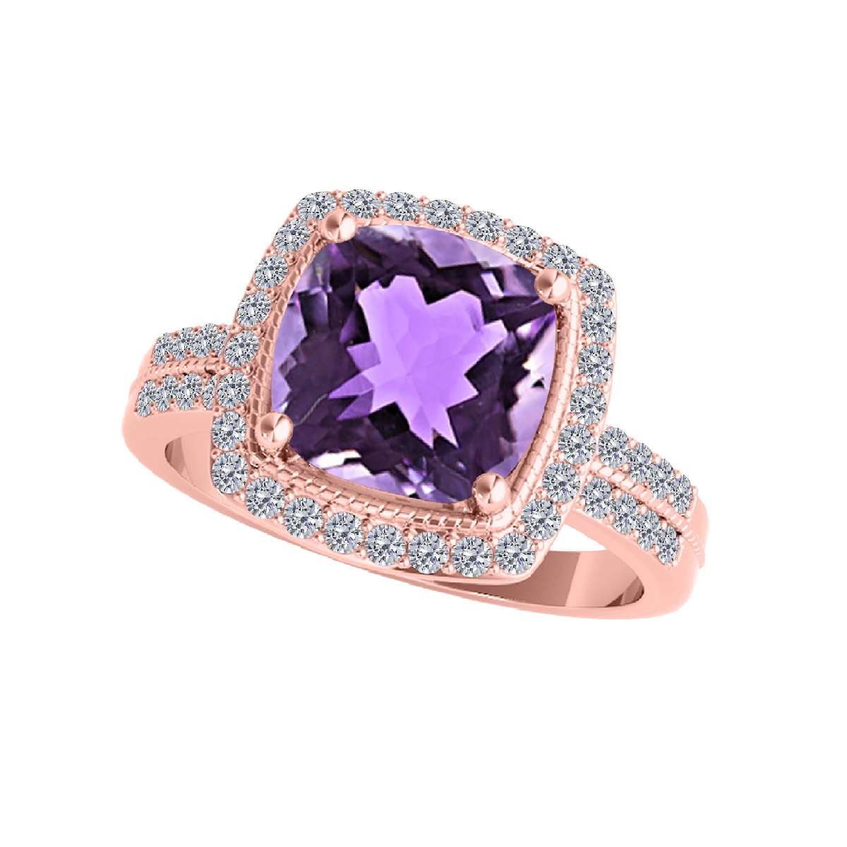 14K Rose White & Yellow Gold 2.60 Carat Cushion Cut Amethyst And White Diamond Ring For Women