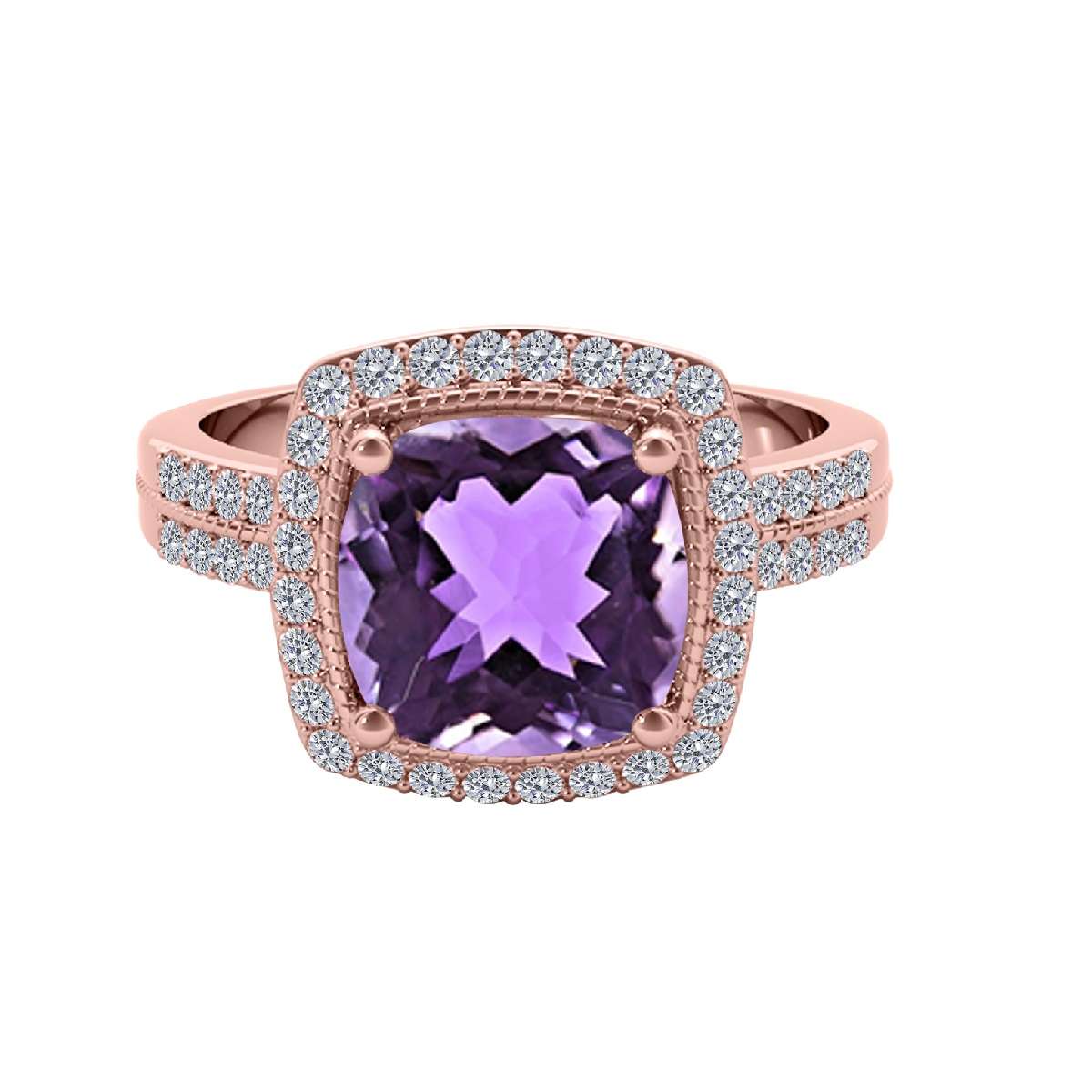 14K Rose White & Yellow Gold 2.60 Carat Cushion Cut Amethyst And White Diamond Ring For Women