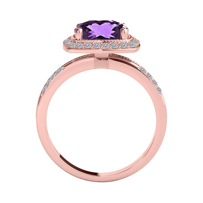 14K Rose White & Yellow Gold 2.60 Carat Cushion Cut Amethyst And White Diamond Ring For Women