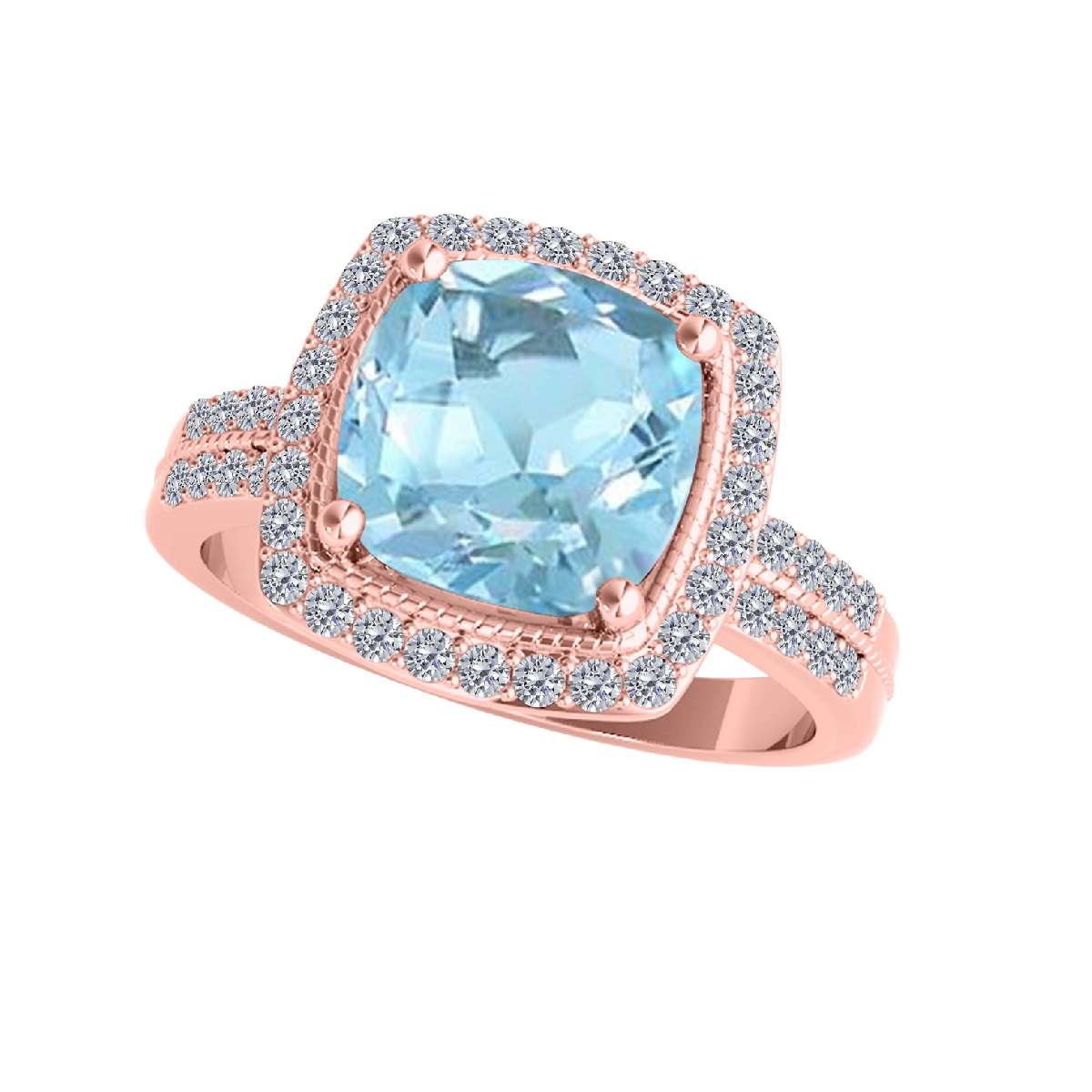 2.60 Carat Cushion Aquamarine And White Diamond Gemstone Rings For Women In 14K Rose White & Yellow Gold