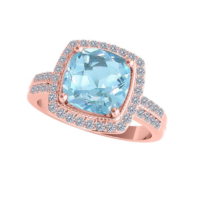 2.60 Carat Cushion Aquamarine And White Diamond Gemstone Rings For Women In 14K Rose White & Yellow Gold