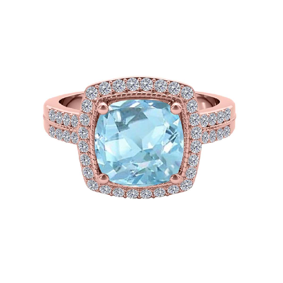 2.60 Carat Cushion Aquamarine And White Diamond Gemstone Rings For Women In 14K Rose White & Yellow Gold