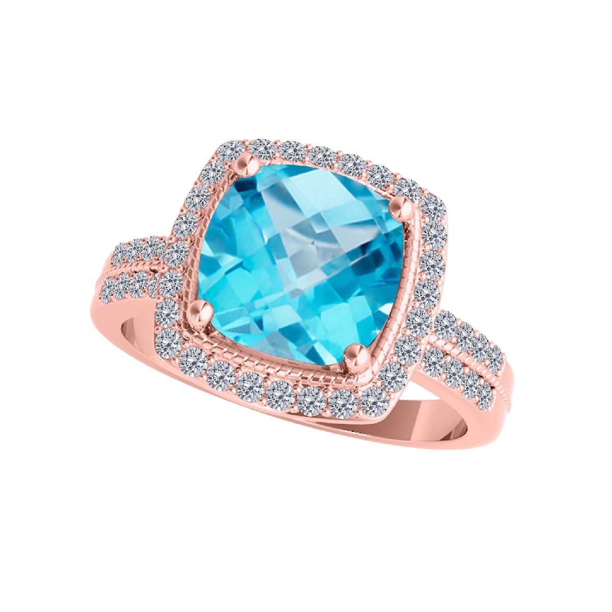 2.60 Ct Diamond and Cushion Cut Blue Topaz Gemstone Rings For Women In 14K Rose White Yellow Gold