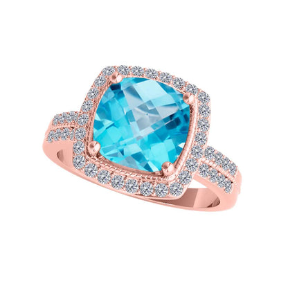 2.60 Ct Diamond and Cushion Cut Blue Topaz Gemstone Rings For Women In 14K Rose White Yellow Gold