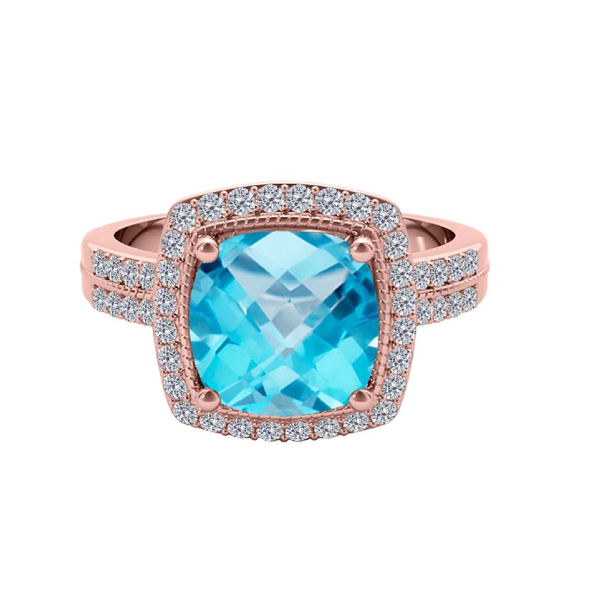 2.60 Ct Diamond and Cushion Cut Blue Topaz Gemstone Rings For Women In 14K Rose White Yellow Gold