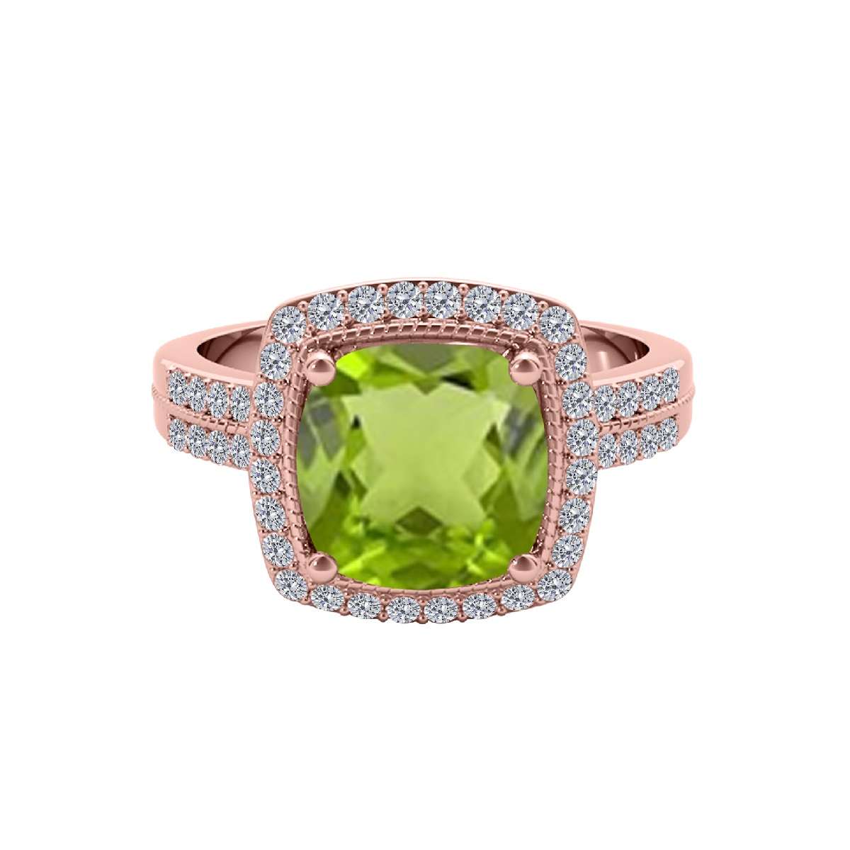 2.60 Carat Cushion Cut Peridot And Round White Diamond Gemstone Rings for Women In 14K Rose White & Yellow Gold