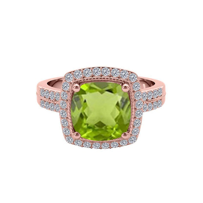 2.60 Carat Cushion Cut Peridot And Round White Diamond Gemstone Rings for Women In 14K Rose White & Yellow Gold